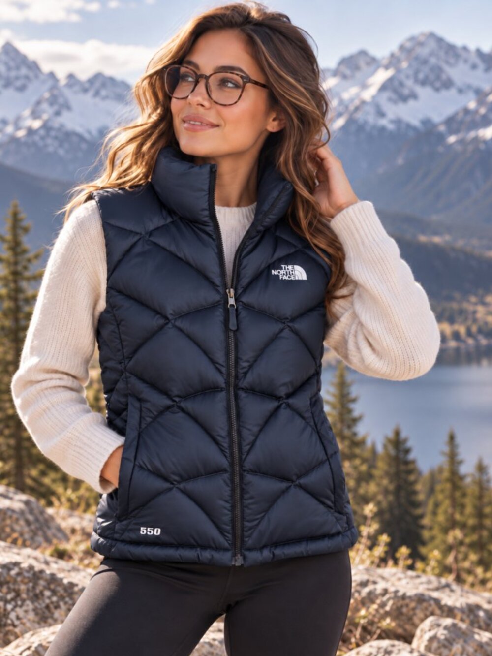 The North Face Womens Charcoal Blue Quilted 550 Black Down Vest Size M